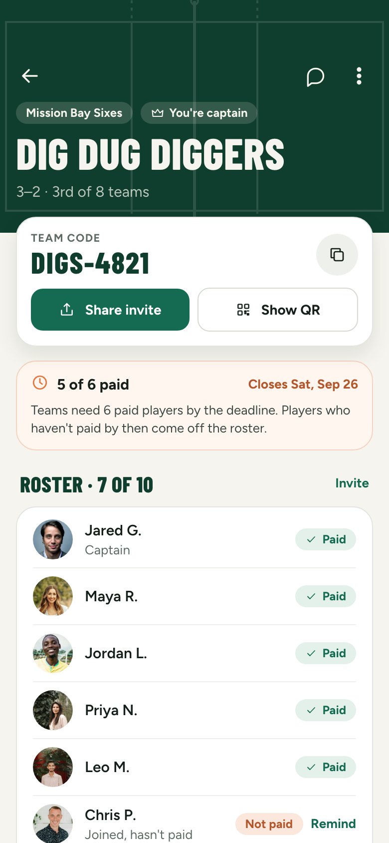 Team page with roster
