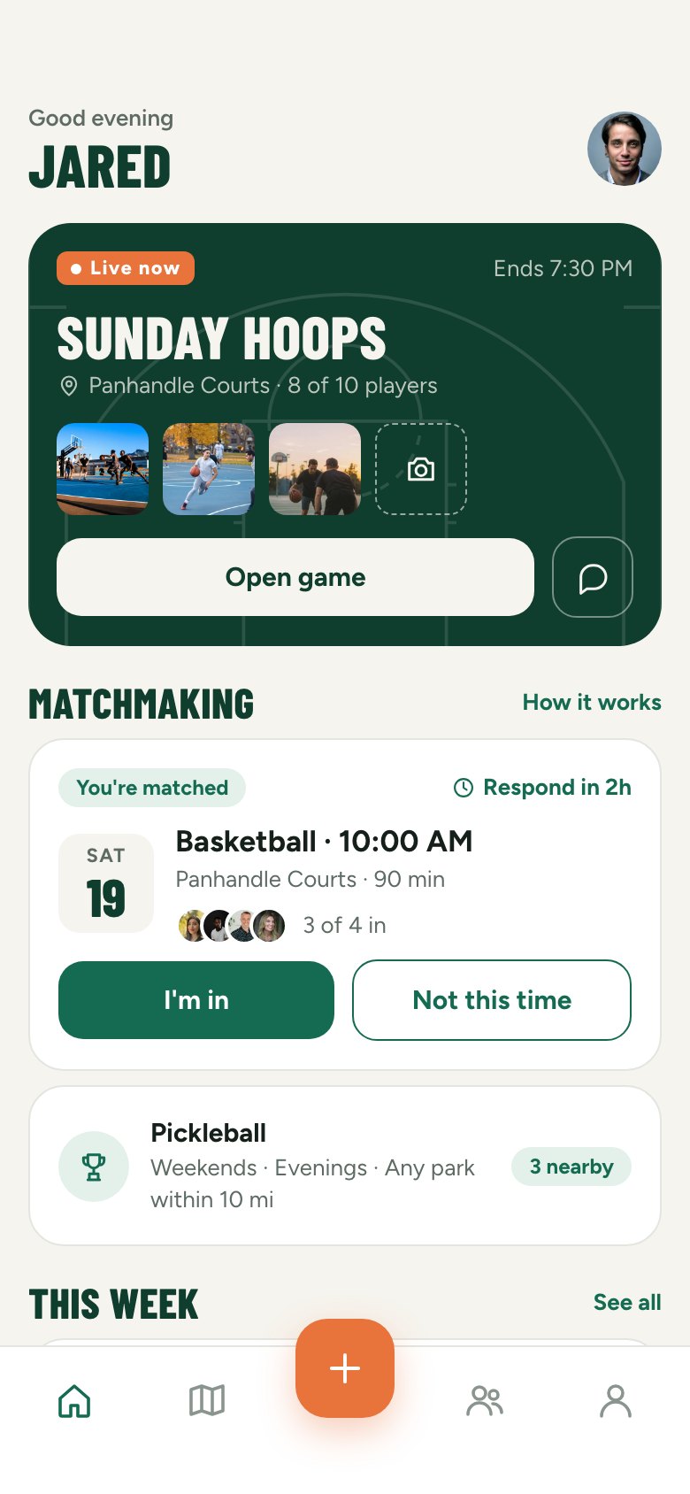 The home screen with a live game and a match