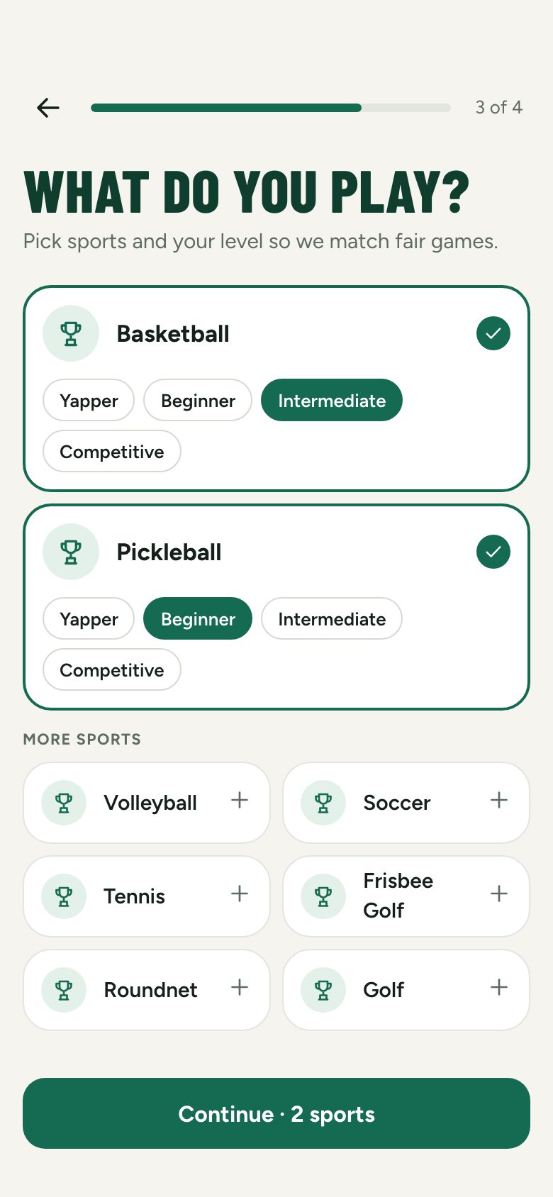 Choosing sports and skill levels