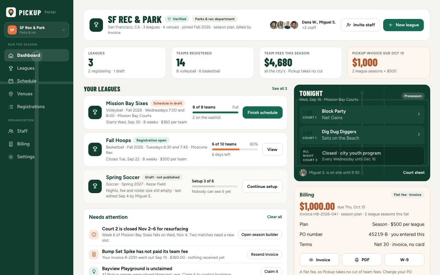 The organizer portal dashboard